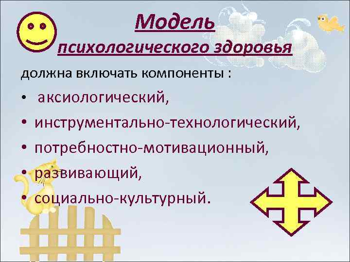 Модель психологического здоровья должна включать компоненты : • аксиологический, • • инструментально-технологический, потребностно-мотивационный, развивающий,