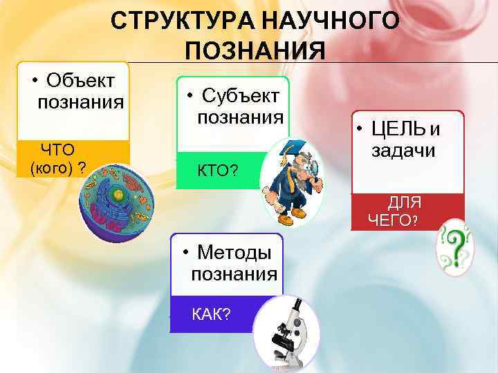 СТРУКТУРА НАУЧНОГО ПОЗНАНИЯ • Объект познания ЧТО (кого) ? • Субъект познания КТО? •