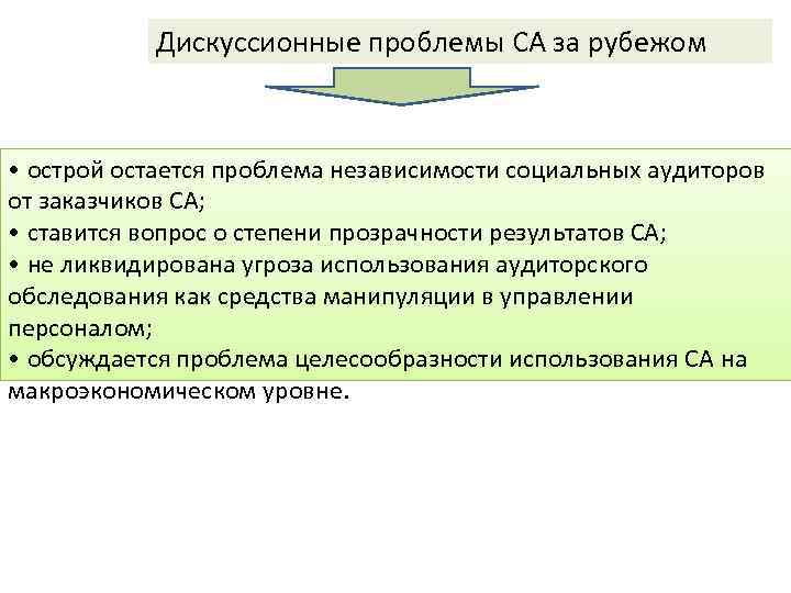 Дискуссионные проблемы СА за рубежом • острой остается проблема независимости социальных аудиторов от заказчиков