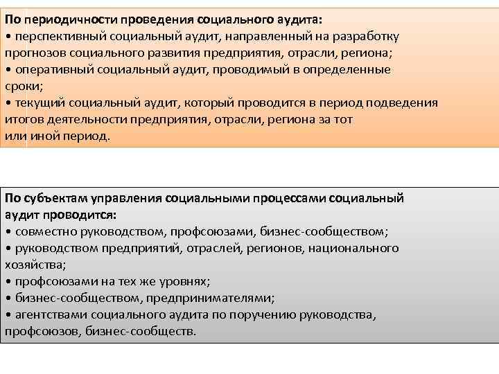 По периодичности проведения социального аудита: • перспективный социальный аудит, направленный на разработку прогнозов социального