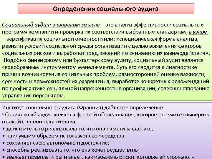 Определения социального аудита Социальный аудит в широком смысле – это анализ эффективности социальных программ