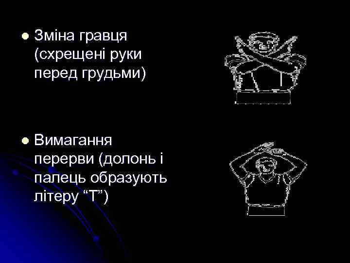 l Зміна гравця (схрещені руки перед грудьми) l Вимагання перерви (долонь і палець образують