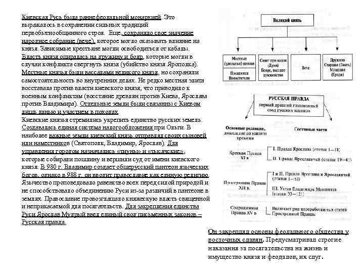 Киевская Русь была раннефеодальной монархией. Это выражалось в сохранении сильных традиций первобытнообщинного строя. Еще,