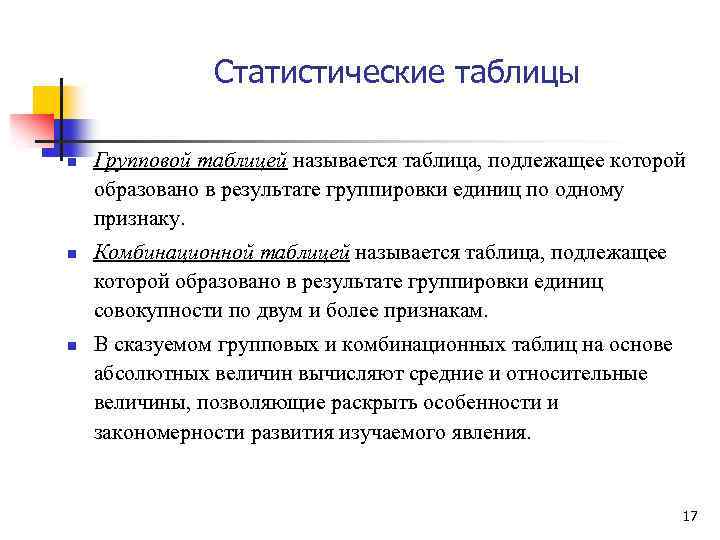 Статистические таблицы n n n Групповой таблицей называется таблица, подлежащее которой образовано в результате
