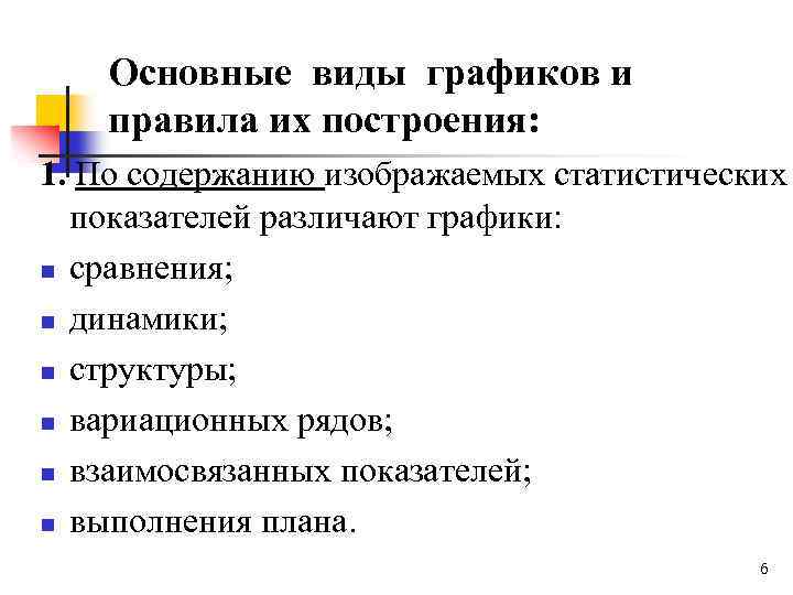 Основные виды графиков и правила их построения: 1. По содержанию изображаемых статистических показателей различают