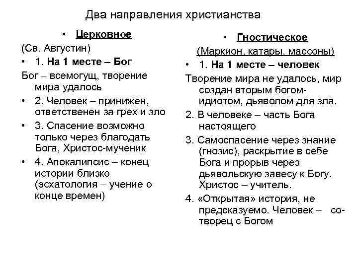 Два направления христианства • Церковное (Св. Августин) • 1. На 1 месте – Бог