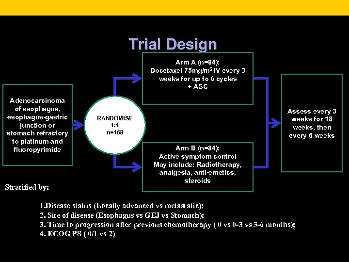 Trial Design Arm A (n=84): Docetaxel 75 mg/m 2 IV every 3 weeks for