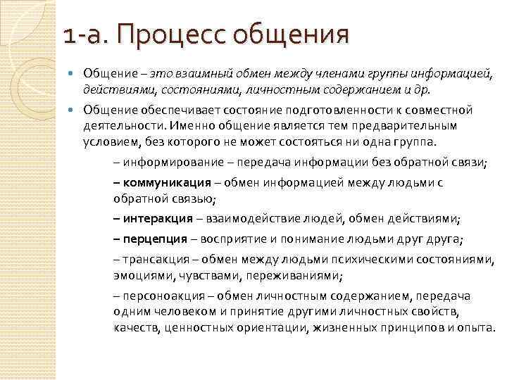 1 -а. Процесс общения Общение – это взаимный обмен между членами группы информацией, действиями,