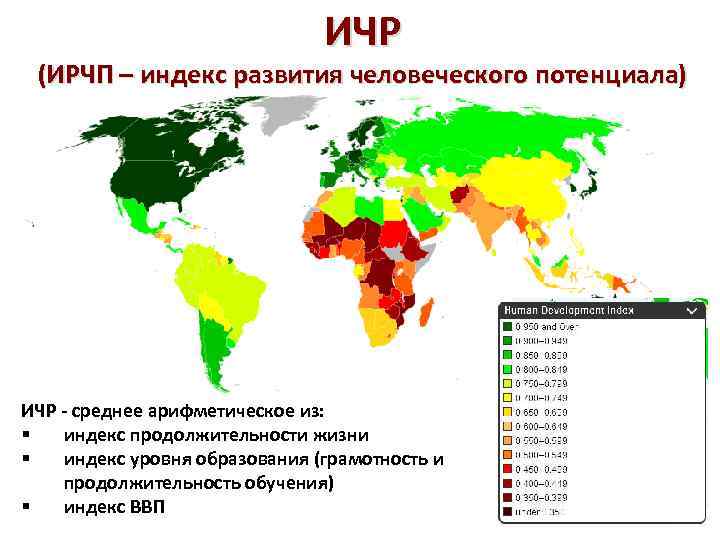 ИЧР (ИРЧП – индекс развития человеческого потенциала) ИЧР - среднее арифметическое из: § индекс