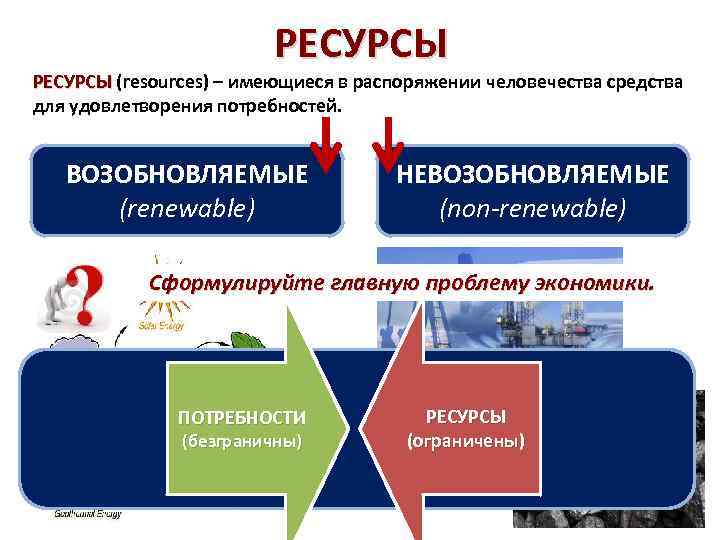 РЕСУРСЫ (resources) – имеющиеся в распоряжении человечества средства РЕСУРСЫ для удовлетворения потребностей. ВОЗОБНОВЛЯЕМЫЕ (renewable)