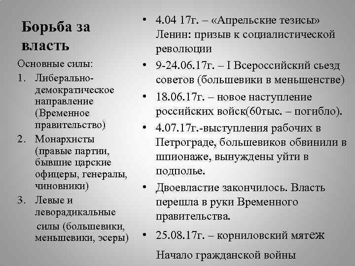 Борьба за власть Основные силы: 1. Либеральнодемократическое направление (Временное правительство) 2. Монархисты (правые партии,