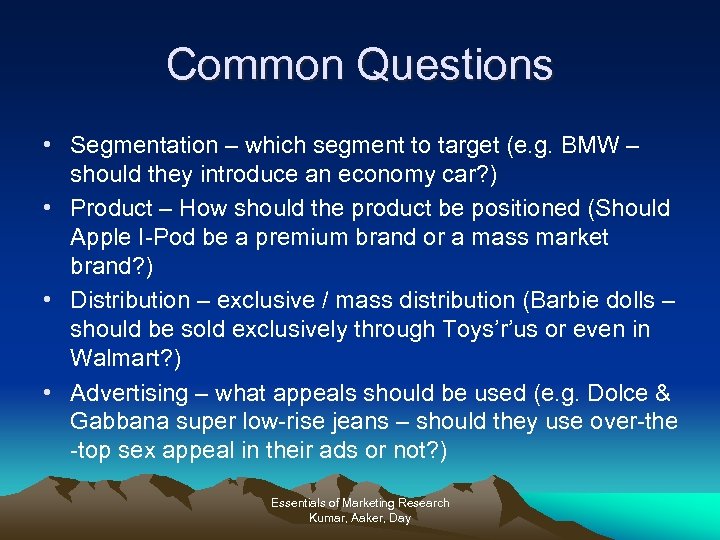 Common Questions • Segmentation – which segment to target (e. g. BMW – should