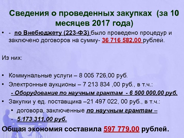 Сведения о проведенных закупках (за 10 месяцев 2017 года) • - по Внебюджету (223