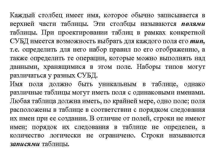 Каждый столбец имеет имя, которое обычно записывается в верхней части таблицы. Эти столбцы называются