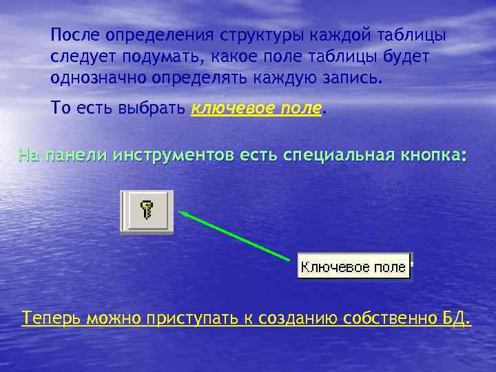 После определения структуры каждой таблицы следует подумать, какое поле таблицы будет однозначно определять каждую
