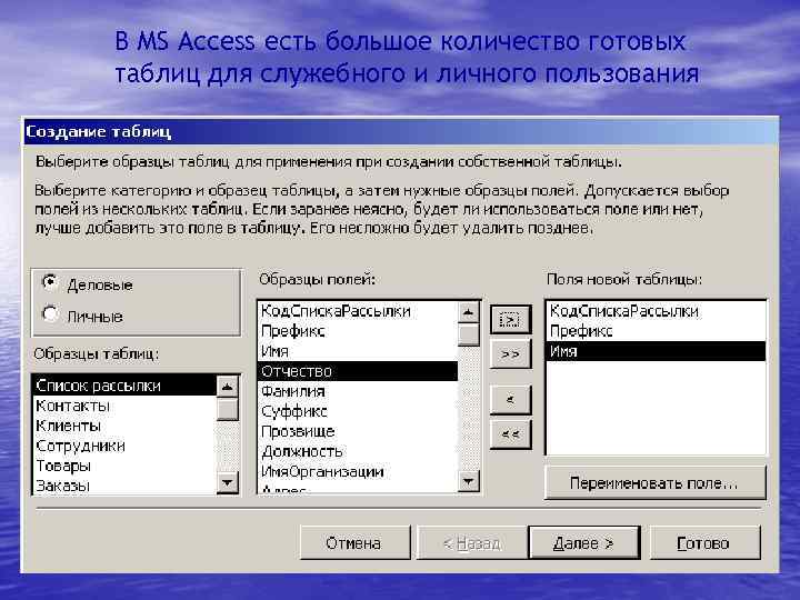 В MS Access есть большое количество готовых таблиц для служебного и личного пользования 