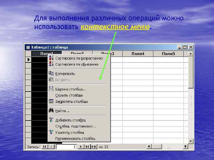 Для выполнения различных операций можно использовать контекстное меню. 