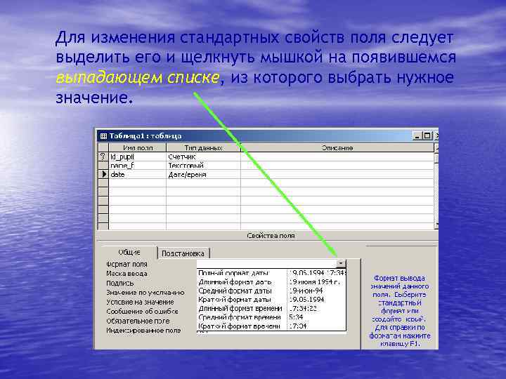 Для изменения стандартных свойств поля следует выделить его и щелкнуть мышкой на появившемся выпадающем