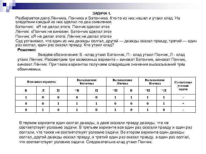 ЗАДАЧА 1. Разбирается дело Лёнчика, Пончика и Батончика. Кто-то из них нашел и утаил