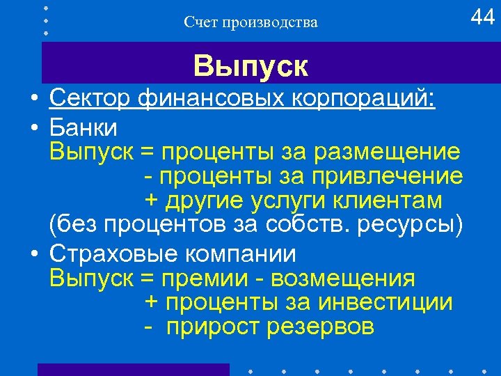 Счет производства Выпуск • Сектор финансовых корпораций: • Банки Выпуск = проценты за размещение