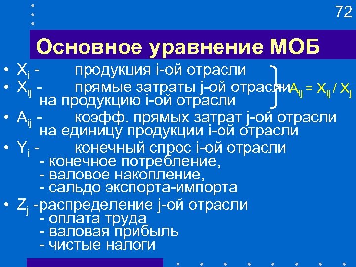 72 Основное уравнение МОБ • Xi продукция i-ой отрасли • Xij прямые затраты j-ой
