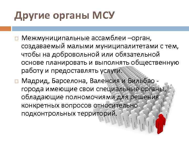 Другие органы МСУ Межмуниципальные ассамблеи –орган, создаваемый малыми муниципалитетами с тем, чтобы на добровольной