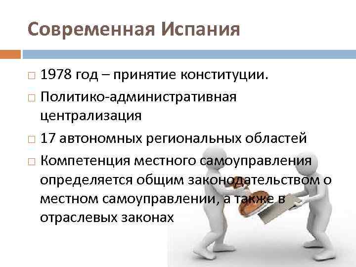 Современная Испания 1978 год – принятие конституции. Политико-административная централизация 17 автономных региональных областей Компетенция