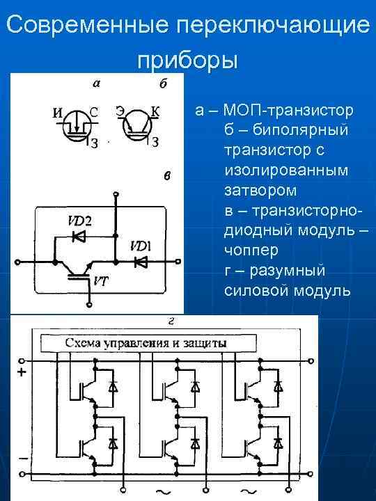 Современные переключающие приборы а – МОП-транзистор б – биполярный транзистор с изолированным затвором в