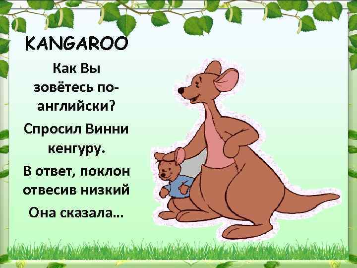 KANGAROO Как Вы зовётесь поанглийски? Спросил Винни кенгуру. В ответ, поклон отвесив низкий Она