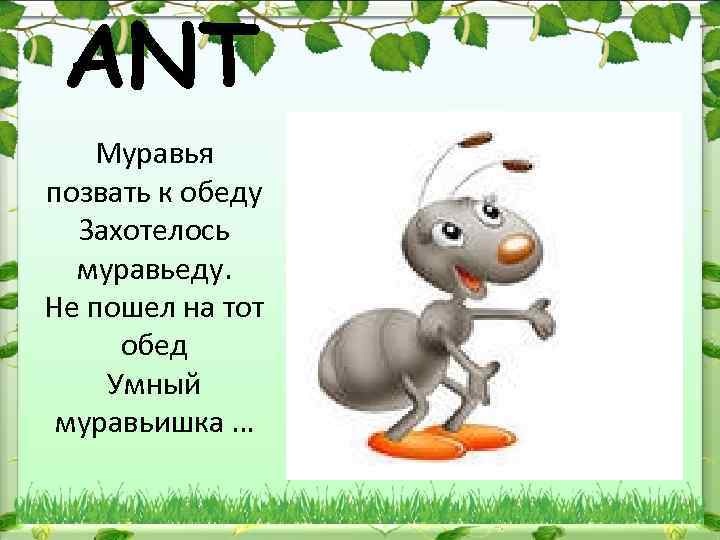ANT Муравья позвать к обеду Захотелось муравьеду. Не пошел на тот обед Умный муравьишка