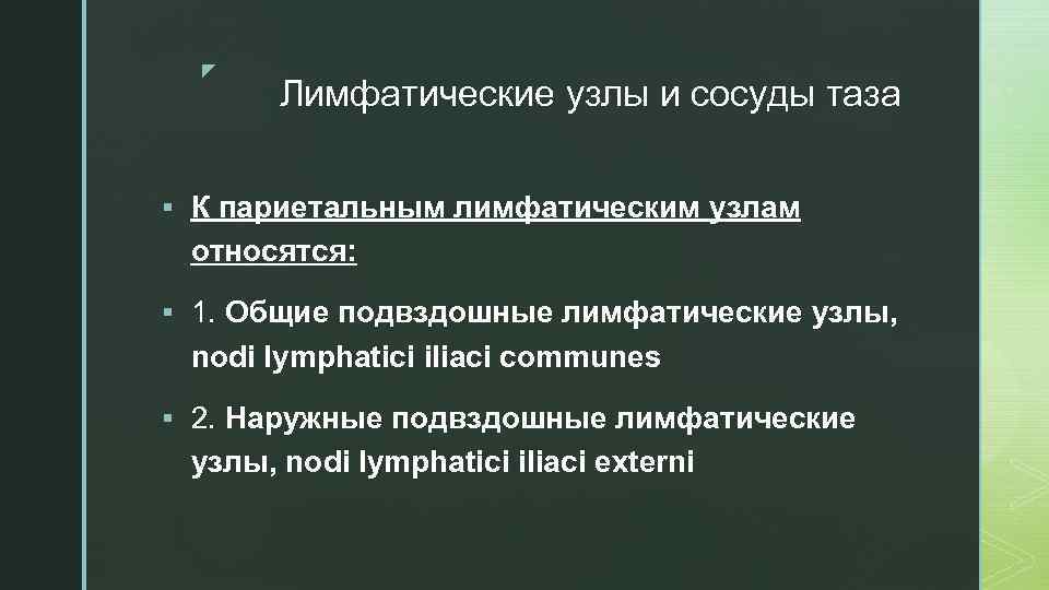 z Лимфатические узлы и сосуды таза § К париетальным лимфатическим узлам относятся: § 1.