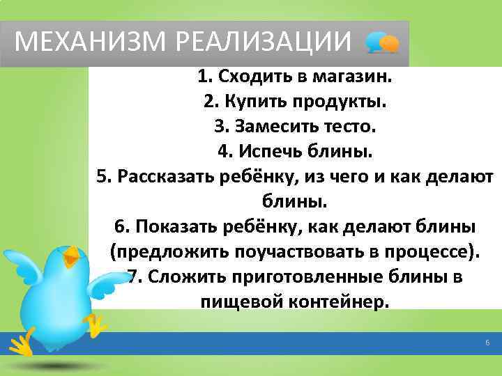 МЕХАНИЗМ РЕАЛИЗАЦИИ 1. Сходить в магазин. 2. Купить продукты. 3. Замесить тесто. 4. Испечь