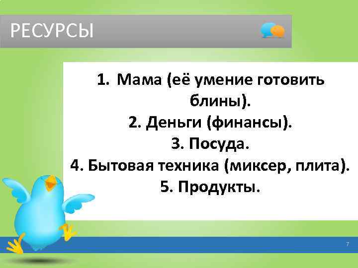 РЕСУРСЫ 1. Мама (её умение готовить блины). 2. Деньги (финансы). 3. Посуда. 4. Бытовая