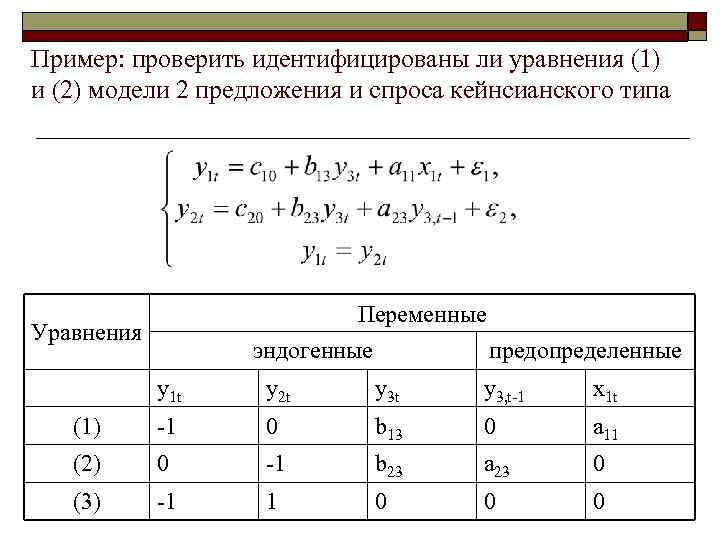 Пример: проверить идентифицированы ли уравнения (1) и (2) модели 2 предложения и спроса кейнсианского