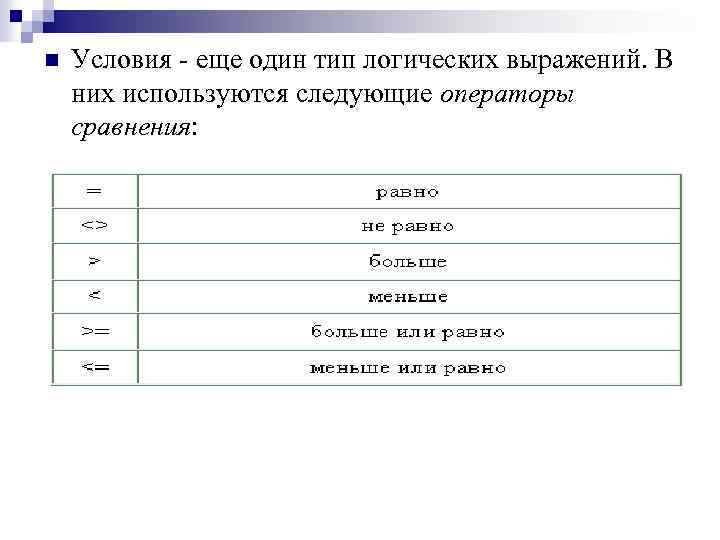n Условия - еще один тип логических выражений. В них используются следующие операторы сравнения: