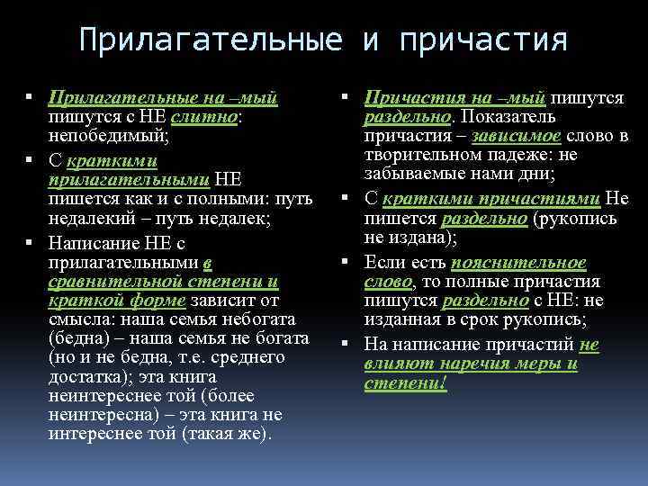 Прилагательные и причастия Прилагательные на –мый пишутся с НЕ слитно: непобедимый; С краткими прилагательными