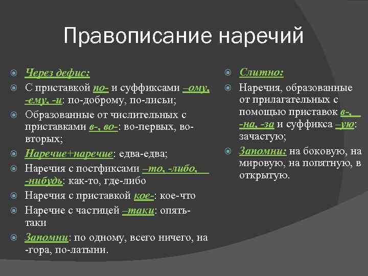 Правописание наречий Через дефис: С приставкой по- и суффиксами –ому, -ему, -и: по-доброму, по-лисьи;