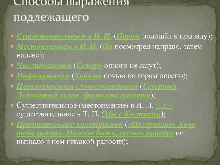 Способы выражения подлежащего Существительным в И. П. (Паром подошёл к причалу); Местоимением в И.