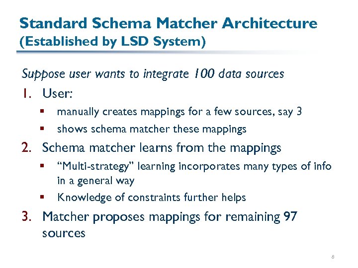 Standard Schema Matcher Architecture (Established by LSD System) Suppose user wants to integrate 100