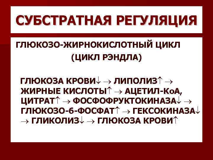 СУБСТРАТНАЯ РЕГУЛЯЦИЯ ГЛЮКОЗО-ЖИРНОКИСЛОТНЫЙ ЦИКЛ (ЦИКЛ РЭНДЛА) ГЛЮКОЗА КРОВИ ЛИПОЛИЗ ЖИРНЫЕ КИСЛОТЫ АЦЕТИЛ-Ко. А, ЦИТРАТ