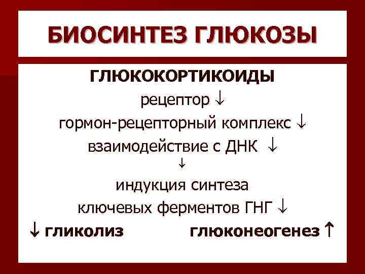 БИОСИНТЕЗ ГЛЮКОЗЫ ГЛЮКОКОРТИКОИДЫ рецептор гормон-рецепторный комплекс взаимодействие с ДНК индукция синтеза ключевых ферментов ГНГ