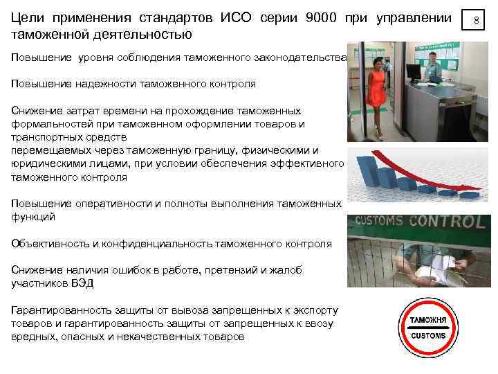 Цели применения стандартов ИСО серии 9000 при управлении таможенной деятельностью Повышение уровня соблюдения таможенного