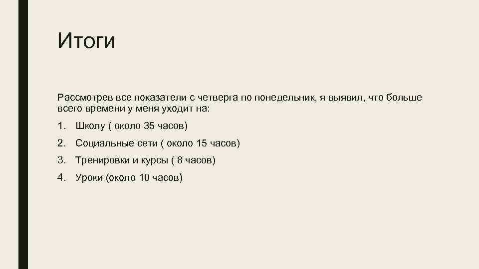 Итоги Рассмотрев все показатели с четверга по понедельник, я выявил, что больше всего времени