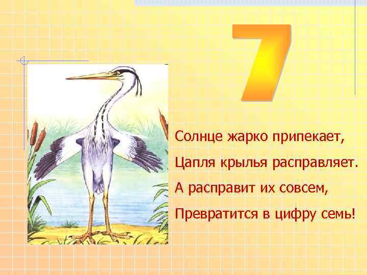 Солнце жарко припекает, Цапля крылья расправляет. А расправит их совсем, Превратится в цифру семь!