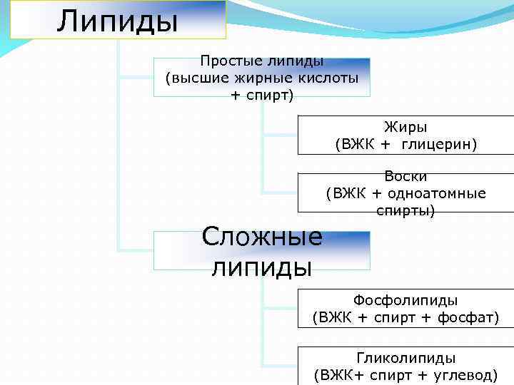 Липиды Простые липиды (высшие жирные кислоты + спирт) Жиры (ВЖК + глицерин) Воски (ВЖК
