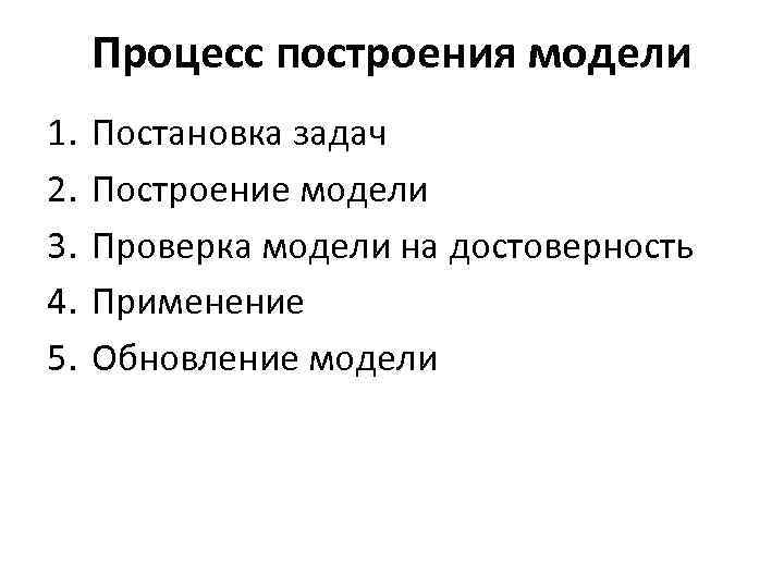 Процесс построения модели 1. 2. 3. 4. 5. Постановка задач Построение модели Проверка модели