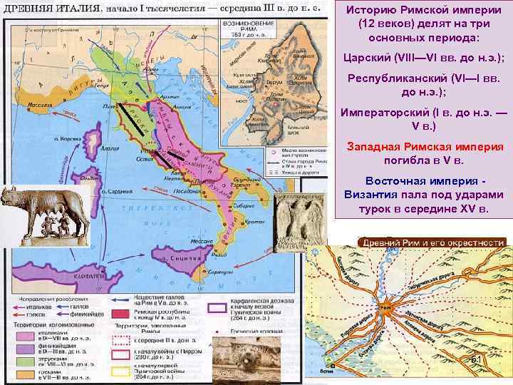 Историю Римской империи (12 веков) делят на три основных периода: Царский (VIII—VI вв. до