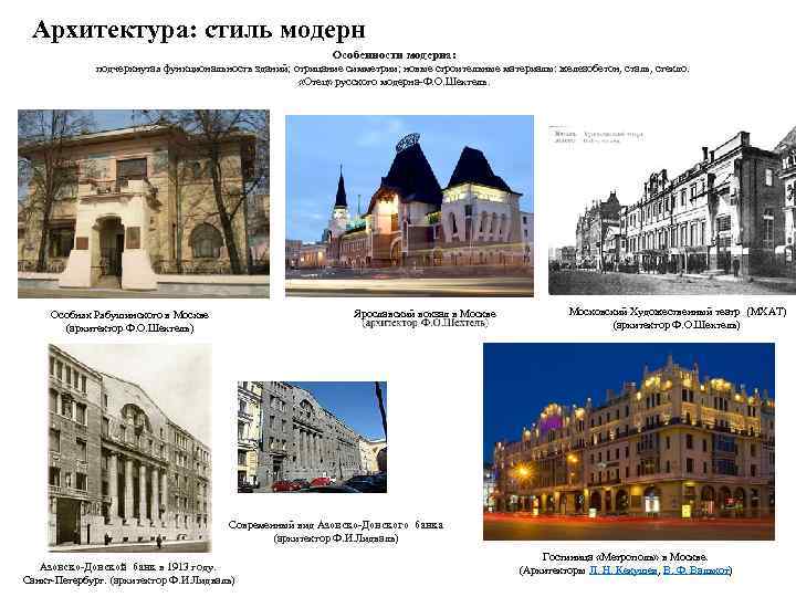 Архитектура: стиль модерн Особенности модерна: подчеркнутая функциональность зданий; отрицание симметрии; новые строительные материалы: железобетон,