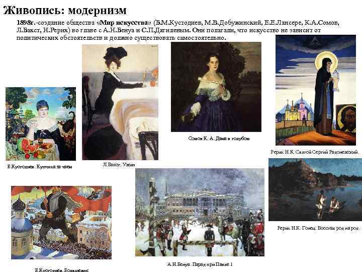 Живопись: модернизм 1898 г. -создание общества «Мир искусства» (Б. М. Кустодиев, М. В. Добужинский,