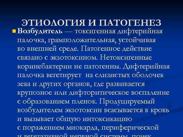 n Возбудитель — токсигенная дифтерийная палочка, грамположительная, устойчивая во внешней среде. Патогенное действие связано
